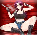  bad_id bad_pixiv_id beretta_92 black_lagoon boots breasts cigarette cleavage clenched_teeth crop_top cross-laced_footwear cutoffs denim denim_shorts fingerless_gloves gloves gun handgun highres holster lace-up_boots large_breasts long_hair okyou pistol ponytail purple_hair revy_(black_lagoon) shirt short_shorts shorts shoulder_holster sitting solo spread_legs tank_top tattoo taut_clothes taut_shirt teeth weapon 