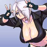  1girl ahegao angel_(kof) blue_background blue_eyes breasts clothed double_v drooling female hair_over_one_eye huge_breasts king_of_fighters large_breasts lowres matagitii navel open_mouth saliva short_hair simple_background snk solo standing teeth tongue tongue_out v white_hair 