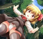  annoyed ascot black_legwear blonde_hair blue_sky blush child day dutch_angle fang forest hair_ribbon nature open_mouth outdoors outstretched_arms panties pantyshot plump red_eyes ribbon rumia short_hair sky solo spread_arms thick_thighs thighhighs thighs touhou tree underwear white_panties yoriyuki_chiyo 