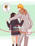  1girl arm_around_neck bag black_hair bleach blush couple height_difference hetero kuchiki_rukia kurosaki_ichigo orange_hair parfait plaid plaid_scarf pleated_skirt pointing satchel scarf school_uniform short_hair skirt spoken_food tia_(tiana_cream) 