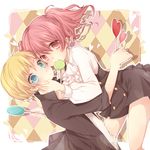  1girl bad_id bad_pixiv_id blonde_hair blue_eyes blush candy couple dress eating food hetero hug inu_x_boku_ss jacket koyomi_roentgen lollipop mouth_hold pink_eyes pink_hair roromiya_karuta school_uniform short_hair twintails watanuki_banri 