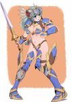  armor bikini bikini_armor blue_armor blue_eyes boots cape gauntlets helmet highres lenneth_valkyrie long_hair silver_hair swimsuit sword thighhighs valkyrie_profile vuccha weapon 