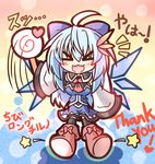  &gt;_&lt; ascot blue_hair bow breasts chibi cirno closed_eyes detached_sleeves hair_bow heart medium_breasts older solo thank_you touhou yurume_atsushi 