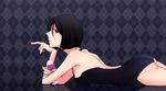  alcohol argyle argyle_background ass black_eyes black_hair bob_cut breasts cup drinking_glass fate/zero fate_(series) hisau_maiya one-piece_swimsuit sideboob small_breasts solo swimsuit t-area wine wine_glass 
