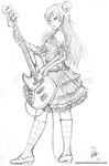  akiyama_mio bass_guitar detached_sleeves dress frilled_dress frills gothic_lolita greyscale hat instrument k-on! kneehighs lolita_fashion mini_hat mini_top_hat monochrome ridwan_chandra_choa signature sketch solo striped striped_legwear top_hat watermark web_address 