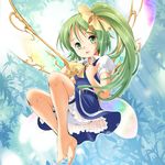  ascot barefoot belt bloomers bow daiyousei fairy fairy_wings feet green_eyes green_hair hair_bow open_mouth puffy_sleeves seminoyu side_ponytail skirt smile solo sunlight touhou underwear wings 