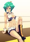  aquarion_(series) aquarion_evol arm_support bad_id bad_pixiv_id boots breasts cleavage cleavage_cutout crop_top green_hair highres infinote legs looking_at_viewer medium_breasts midriff navel no_panties purple_eyes short_hair shorts sitting solo wrist_cuffs zessica_wong 