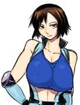  bare_shoulders breasts brown_eyes brown_hair elbow_gloves gloves huge_breasts kazama_asuka looking_at_viewer midriff open_clothes short_hair simple_background solo strapless tekken tsukudani_(coke-buta) tubetop white_background 