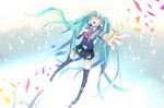  absurdres aqua_hair bad_id bad_pixiv_id boots closed_eyes hand_on_own_chest hatsune_miku highres long_hair music outstretched_arm reflection singing skirt solo thigh_boots thighhighs twintails very_long_hair vocaloid zeroshiki_kouichi 
