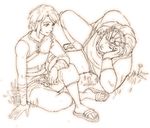  2boys earrings elf eyes_closed ganondorf gerudo jewelry legend_of_zelda link male male_focus monochrome mtfy multiple_boys pointy_ears sandals sitting smile the_legend_of_zelda the_legend_of_zelda:_twilight_princess twilight_princess 