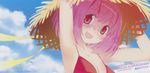  :d absurdres album_cover antenna_hair armpits arms_up bikini bikini_top blush bow breasts cleavage cloud cover day face hair_bow hat highres kami_nomi_zo_shiru_sekai looking_at_viewer nakagawa_kanon non-web_source open_mouth pink_eyes pink_hair scan short_hair sky small_breasts smile solo strap_gap straw_hat swimsuit upper_body 
