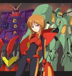  bodysuit gloves gundam gundam_zz haniwa_(kiminozorazio) headwear_removed helmet helmet_removed looking_away mecha orange_hair pilot_suit psyco_gundam_mk_ii purple_eyes puru_two qubeley_mk_ii quin_mantha short_hair standing 