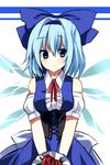  arm_garter bad_id bad_pixiv_id bangs bare_shoulders blue_dress blue_eyes blue_hair blush bouquet bow cirno corset dress fairy_wings flower fujishiro_emyu hair_bow large_bow looking_at_viewer red_flower red_rose rose shirt short_hair smile solo teenage touhou wings 