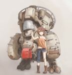  asymmetrical_clothes backpack bag belt boots brown_eyes brown_hair bucket bucket_on_head denim hair_ornament holding instrument jeans looking_at_viewer nabana navel object_on_head original pants randoseru recorder robot simple_background solo strap_slip wrench 