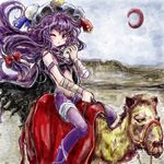  alternate_costume bandages bare_shoulders bow camel crescent crescent_moon desert hair_bow hat long_hair moon nanashii_(soregasisan) one_eye_closed pants patchouli_knowledge purple_hair red_moon sitting solo straddling touhou very_long_hair 