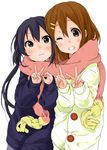  2girls bad_id bad_pixiv_id black_hair brown_hair coat grin hair_ornament hairclip hirasawa_yui k-on! kirisawa_saki multiple_girls nakano_azusa one_eye_closed scarf shared_scarf smile twintails v wavy_mouth 