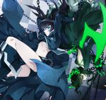  bikini_top black_hair black_rock_shooter black_rock_shooter_(character) blue_eyes boots bow chain coat colored_eyelashes dead_master green_eyes horns long_hair midriff multiple_girls navel shorts taiki_miyu twintails upside-down wings 