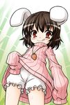  :q akou_roushi animal_ears bloomers blush brown_hair bunny_ears carrot carrot_necklace inaba_tewi jewelry necklace pendant red_eyes ribbed_sweater short_hair sleeves_past_wrists solo sweater tongue tongue_out touhou underwear 