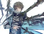  armor blue_eyes blurry brown_hair cape depth_of_field looking_at_viewer male_focus miyuki_ruria shin_sangoku_musou simple_background solo sword upper_body vambraces weapon white_background zhong_hui 