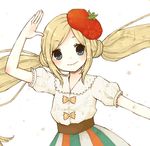  1st-mn beret blonde_hair blue_eyes hat heart heart-shaped_pupils long_hair lowres original simple_background smile solo symbol-shaped_pupils tomato twintails waving white_background 