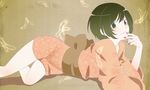  araragi_tsukihi black_eyes black_hair curry_gohan japanese_clothes kimono lying monogatari_(series) nail_polish nisemonogatari on_stomach short_hair short_kimono solo 