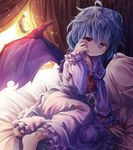  ahoge alternate_costume arm_support ascot barefoot bat_wings bed blue_hair dress hand_on_own_face indoors niichi_(komorebi-palette) no_hat no_headwear on_bed pajamas pillow red_eyes remilia_scarlet ribbon short_hair sitting solo touhou window wings 