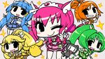  :d aoki_reika blonde_hair blue_hair blue_skirt blush_stickers bow chan_co chibi choker cure_beauty cure_happy cure_march cure_peace cure_sunny eyelashes game_boy green_choker green_hair green_skirt grin hair_flaps handheld_game_console hino_akane_(smile_precure!) hoshizora_miyuki kise_yayoi magical_girl midorikawa_nao multiple_girls one_eye_closed open_mouth orange_hair pink_bow pink_choker pink_hair pink_skirt precure shorts shorts_under_skirt skirt smile smile_precure! v wide_ponytail wooser_(character) 