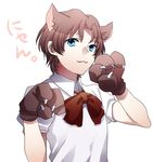  :3 animal_ears blue_eyes bow brown_hair cat_ears extra_ears fangs fate/zero fate_(series) gloves honda_yuita kemonomimi_mode male_focus paw_gloves paw_pose paws puffy_sleeves solo toosaka_tokiomi white_background younger 