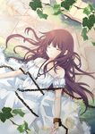  bad_id bad_pixiv_id bangs bare_shoulders brown_hair chain closed_eyes dress jewelry key leaf long_hair necklace original paper solo wap white_dress 