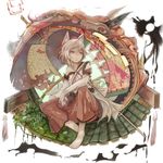  :o animal_ears bad_id bad_pixiv_id barefoot detached_sleeves hat inubashiri_momiji off_shoulder oriental_umbrella origami red_eyes scroll shisu_(binzo3) short_hair skirt solo tail tokin_hat touhou umbrella white_hair wolf_ears wolf_tail 