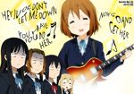  akiyama_mio artist_name brown_hair closed_eyes electric_guitar empty_eyes english guitar hey_jude hirasawa_yui instrument k-on! kotobuki_tsumugi lyrics multiple_girls music nakano_azusa parody school_uniform seiyuu_connection short_hair signature singing tainaka_ritsu the_beatles toyosaki_aki yamasaki_wataru 