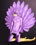  anthro avian beak black_background blue_eyes erection errection flaccid fur horn hybrid kneeling looking_at_viewer male niccals nude peacock penis pinup pitre plain_background pose purple_feathers purple_fur purple_nipples purple_penis quail reveal solo speedo swimsuit underwear undressing white_markings yellow_claws yellow_horns yellow_skin 