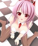  animal_ears bad_id bad_pixiv_id bare_shoulders between_breasts black_legwear breasts bunny_ears bunny_girl bunnysuit chimunge cleavage clothes_between_breasts from_above highres large_breasts lavender_hair long_hair looking_at_viewer looking_up necktie no_shoes open_mouth pantyhose red_eyes red_neckwear reisen_udongein_inaba sitting smile solo touhou very_long_hair wariza wrist_cuffs 