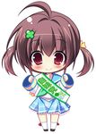  ahoge blush brown_hair chibi child imouto_senbatsu_sousenkyo kuwada_yuuki looking_at_viewer red_eyes sash school_uniform simple_background solo tachibana_yotsuha twintails 