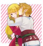  1girl belt blonde_hair blue_eyes couple earrings hetero hug jewelry kiss link pointy_ears princess_zelda suzuno_(kazahanasu) the_legend_of_zelda the_legend_of_zelda:_skyward_sword wince 