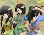  araragi_tsukihi bakemonogatari black_eyes black_hair dr._cryptoso japanese_clothes kimono long_hair md5_mismatch monogatari_(series) multiple_persona nisemonogatari ponytail sandals short_hair 