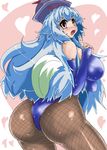  1girl ass bare_shoulders blue_hair breast_suppress breasts female fishnets from_behind hat heart hearts kamishirasawa_keine large_breasts long_hair open_mouth pantyhose pink_eyes solo standing tail touhou ura urx_ura wolf_tail 