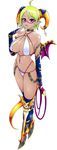  absurdres ahoge bikini_bottom breasts cleavage demon_girl demon_tail demon_wings elbow_gloves glasses gloves green_hair highres horns huge_breasts luceva navel o-ring o-ring_top original pink_eyes pointy_ears saliva short_hair simple_background skindentation solo tail whip wings 