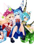  3girls absurdres american_flag_dress american_flag_legwear antennae bare_legs black_footwear blonde_hair blue_dress blue_eyes blue_hair bow brown_eyes butterfly_wings cirno clownpiece commentary_request dress eternity_larva fairy_wings green_dress hat highres ice ice_wings jester_cap leaf leaf_on_head long_hair looking_at_viewer multiple_girls neck_ruff number open_mouth pantyhose polka_dot puffy_short_sleeves puffy_sleeves shoes short_hair short_sleeves sitting smile touhou very_long_hair wings zhu_xiang 