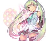  character_name detached_sleeves dsmile green_eyes green_hair hatsune_miku headset long_hair musical_note necktie skirt smile solo sparkle star thighhighs twintails vocaloid 