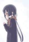 bangs black_hair breath brown_eyes coat enpera errant hands_together k-on! long_hair nakano_azusa scarf simple_background solo striped striped_scarf twintails white_background 
