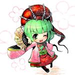  absurdres boots bow chibi fan flower front_ponytail full_body green_eyes green_hair hair_bow hair_ornament hair_ribbon highres japanese_clothes kagiyama_hina long_hair looking_at_viewer one_eye_closed open_mouth ribbon simple_background smile solo touhou umigarasu_(kitsune1963) white_background 