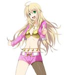  ahoge belly_chain blonde_hair coin_(ornament) fishnet_pantyhose fishnets green_eyes hoshii_miki ichimedoo idolmaster idolmaster_(classic) jewelry long_hair navel open_mouth pantyhose pink_diamond_765 solo thumbs_up 