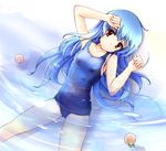  blue_hair food fruit hinanawi_tenshi long_hair lying milfy_oira on_back one-piece_swimsuit partially_submerged peach red_eyes school_swimsuit solo swimsuit touhou water 
