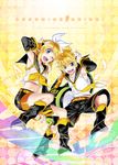  1girl blonde_hair blue_eyes brother_and_sister kagamine_len kagamine_rin kitano_tomotoshi leg_warmers looking_at_viewer midriff navel one_eye_closed open_mouth short_hair shorts siblings smile twins vocaloid 