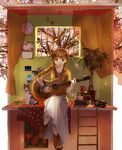  acoustic_guitar bad_id bad_pixiv_id brown_eyes brown_hair calendar_(object) cat cherry_blossoms clock crossed_legs guitar instrument long_skirt music original photo_(object) plant playing_instrument potted_plant radio shoes sitting skirt solo star table tsukioka_tsukiho window 