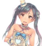  bare_shoulders blue_hair dsmile hat heart heart_hands idolmaster idolmaster_(classic) kisaragi_chihaya long_hair mini_hat mini_top_hat open_mouth solo top_hat twintails wrist_cuffs 