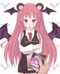  animal_ears annoyed bat_wings bear_ears blackmail blush book book_hug bookshelf breasts crossed_arms dress_shirt garter_straps head_wings highres holding holding_book kemonomimi_mode koakuma large_breasts long_hair looking_at_viewer maromi_gou necktie open_mouth out_of_frame patchouli_knowledge photo_(object) pov pov_hands red_eyes red_hair red_neckwear shirt skirt skirt_set sleeping solo_focus touhou very_long_hair vest white_shirt wings 