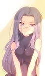  breast_squeeze breasts fate/stay_night fate_(series) frown glasses komi_zumiko long_hair low-tied_long_hair medium_breasts purple_eyes purple_hair rider sleeveless sleeveless_turtleneck solo turtleneck 