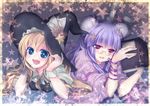  arm_support bespectacled blue_eyes blush book braid crescent crescent_hair_ornament double_bun glasses hair_ornament hat kirisame_marisa long_hair maryquant multiple_girls open_mouth patchouli_knowledge pince-nez purple_eyes purple_hair ribbon smile star touhou witch_hat 